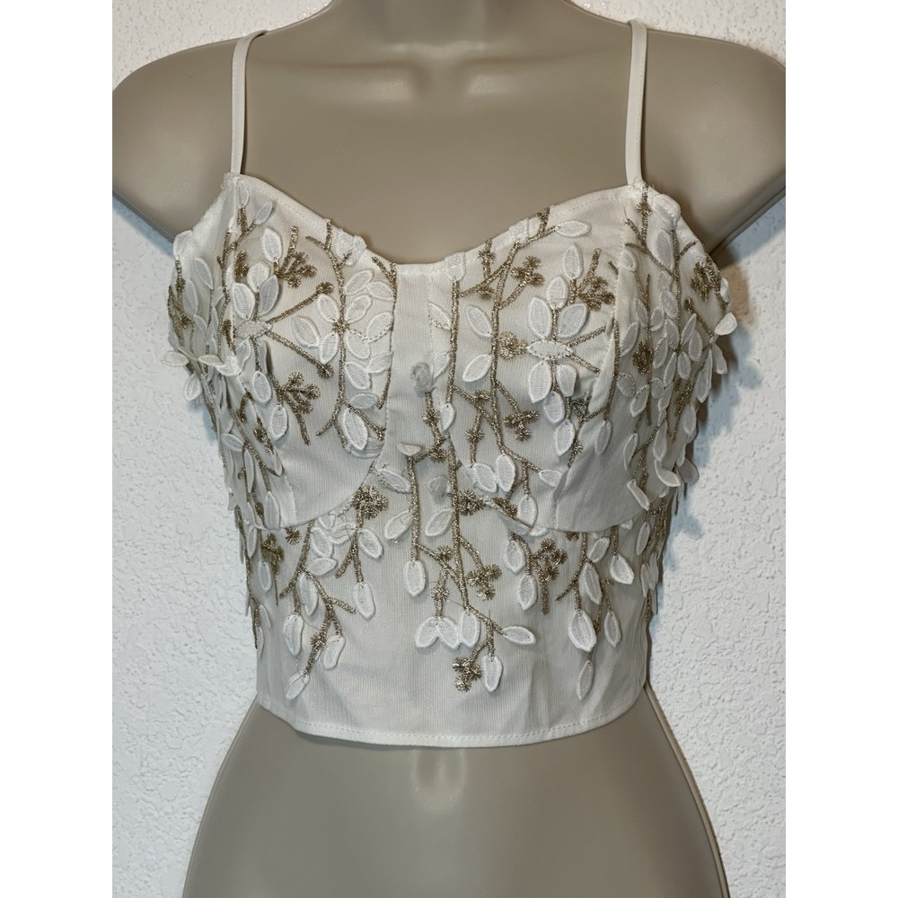 Crop‎ Top White Flowers Gold Metallic Embroidered Strap Zip Size 1XL Fairy Shein